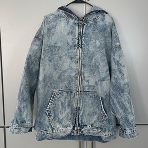 Men’s hooded distressed denim zip up jacket